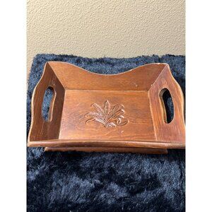 Vintage Wood Serving Tray With Wheat Design & Handles 12" X 9"